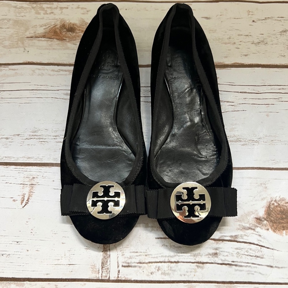 Tory Burch Ballet Flats Black Velvet Silver Logo Bow 5.5M